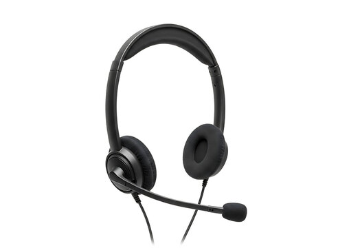 Black wired headset with microphone isolated on transparent background