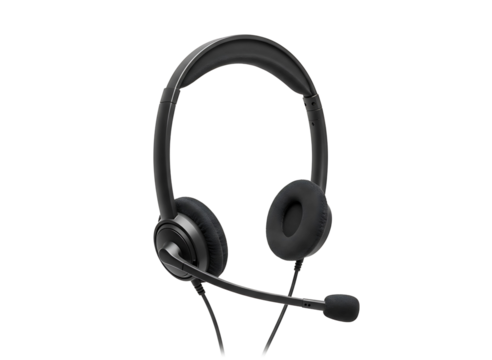 Black wired headset with microphone isolated on transparent background