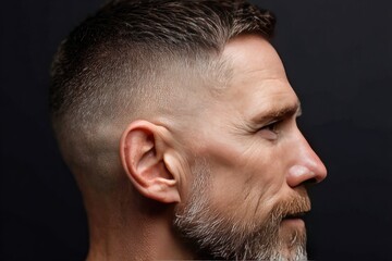 Obraz premium Close-up profile view of a man with a short haircut and beard.