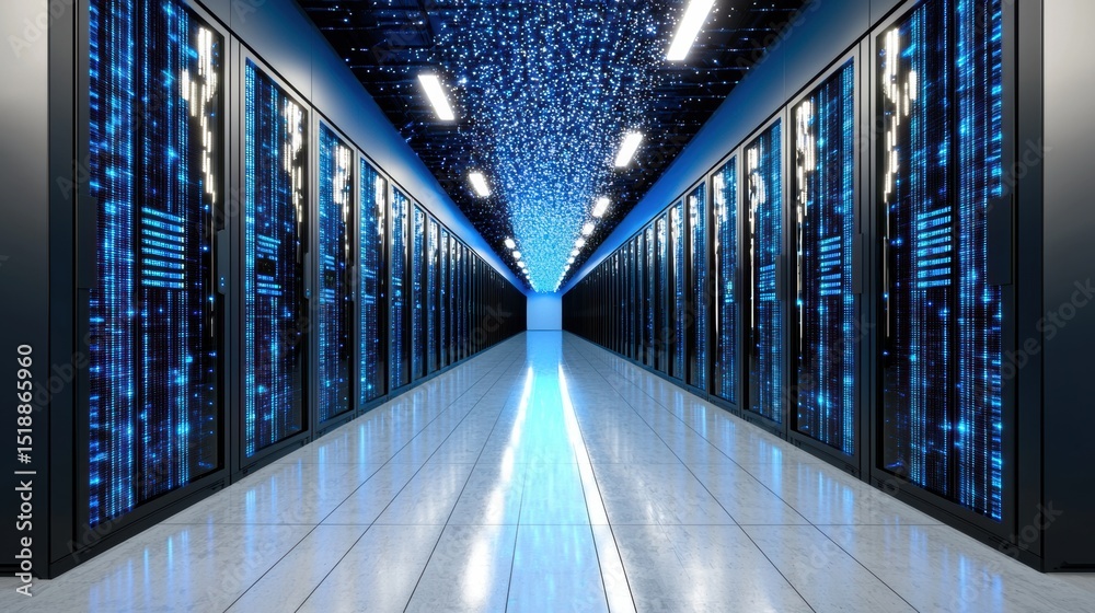 Poster a sleek futuristic data center with rows of illuminated server racks stretching into the distance cr