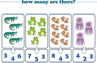 Counting game of wild animals for preschool kids. Printable. Vector Illustration