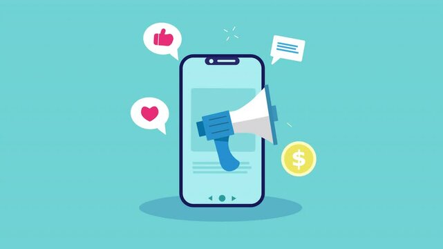 Dynamic animation of a megaphone emerging from a phone, simulating online promotion spreading a message. Social media icons and a dollar coin illustrate the digital marketing workflow and  earnings.