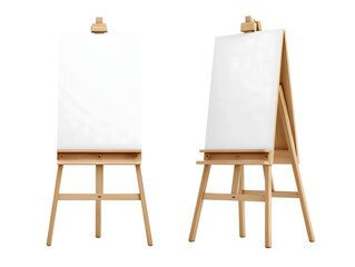 A blank white poster mockup on an wooden easel isolated on transparent background. Billboard concept
