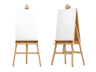 A blank white poster mockup on an wooden easel isolated on transparent background. Billboard concept