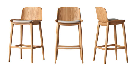 Collection of Wooden modern bar stool isolated on white background.