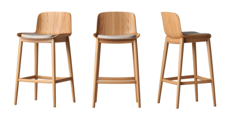 Collection of Wooden modern bar stool isolated on white background.