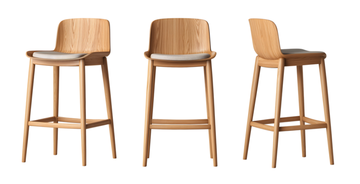 Collection of Wooden modern bar stool isolated on white background.