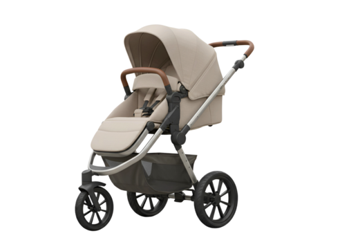 Beige baby stroller isolated on transparent background