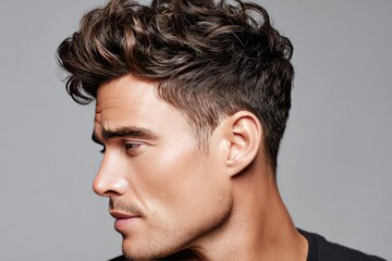 Fototapeta premium Close-up profile view of a man's face and hair.