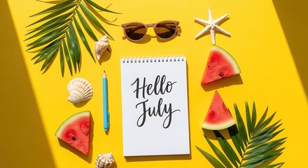 Hello July! Summer Vibes Watermelon, Sunglasses, Palm Leaves and Seashells