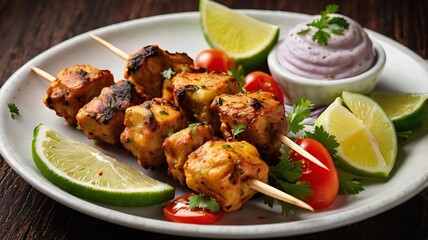 Close-up of delicious malai tikka kebab, tender chicken pieces marinated in creamy spices.