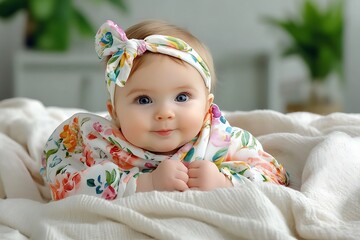 Playful baby in floral outfit at home cute portrait bright environment close-up view childhood concept