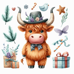 Naklejka premium Cute highland cow with gifts