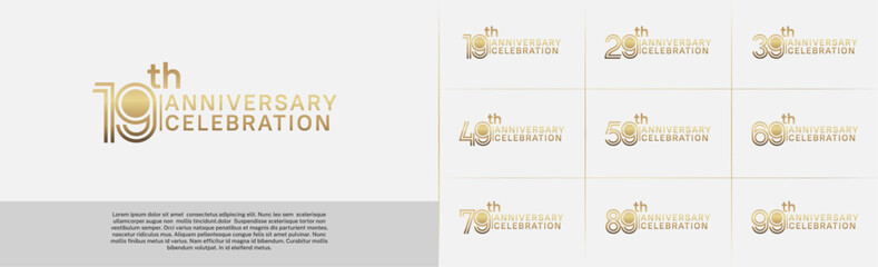 Anniversary logo type set with double line number. golden color for celebration event