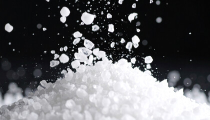 Salt falls over the salt piled on the black background.