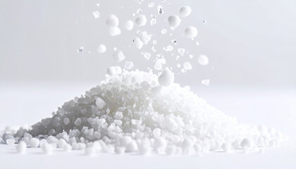 Salt falls over the salt piled on the white background.