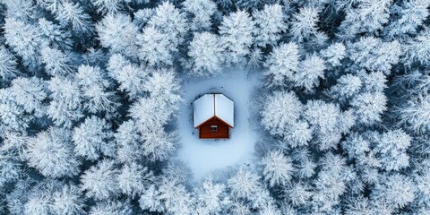 Aerial view of a snowy forest, with a small wooden cabin nestled among the trees