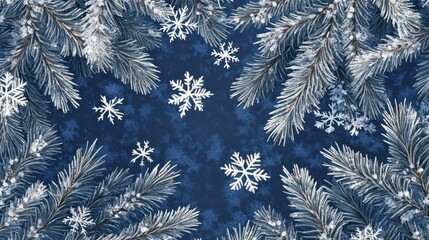 Winter Wonderland: Frosty Pine Branches and Sparkling Snowflakes