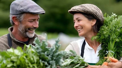 Smiling farmer couple harvesting fresh vegetables in a rural organic garden