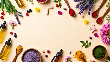 Obraz premium Herbal Supplements, Colorful Capsules, Essential Oils, Healing Flowers, and Natural Powders Like Turmeric and Spirulina Arranged with Fresh Botanicals on a Clean Pastel Background