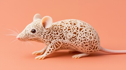 Fototapeta premium Exquisitely crafted wooden mouse sculpture with intricate lace like carved patterns and a delicate natural aesthetic