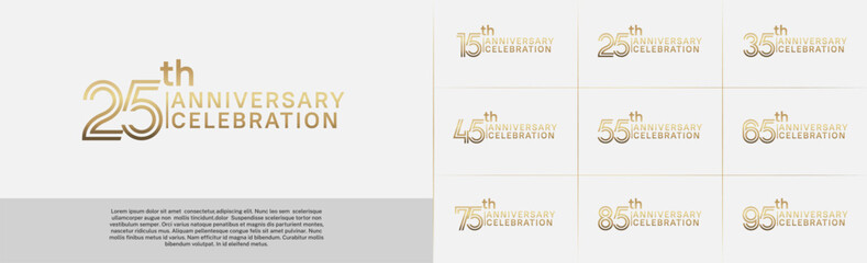 Anniversary logo type set with double line number. golden color for celebration event