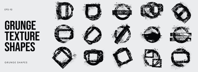 Grunge Graffiti Halftone Texture Elements Set Abstract Geometric Shapes. Ink Spray Frame Borders. Glitch Distortion. Noise Overlay And Distressed Vector Effects