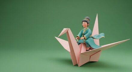 Boy riding an origami crane