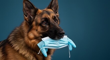 German shepherd dog holding medical mask