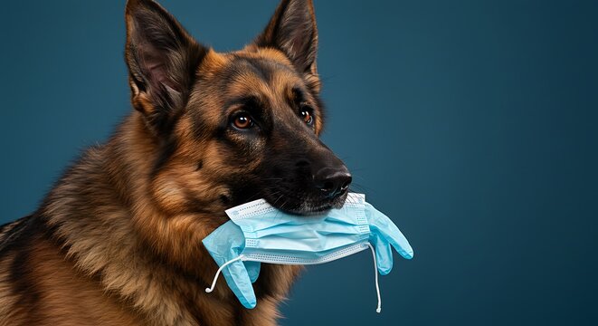 German shepherd dog holding medical mask