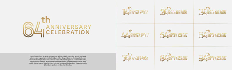 Anniversary logo type set with double line number. golden color for celebration event