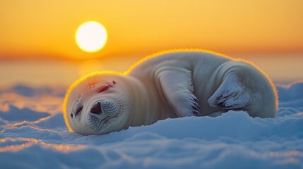 A seal sleeping on a snowy beach, wrapped in its soft fur, golden sunrise casting a gentle glow, minimalistic and warm composition 