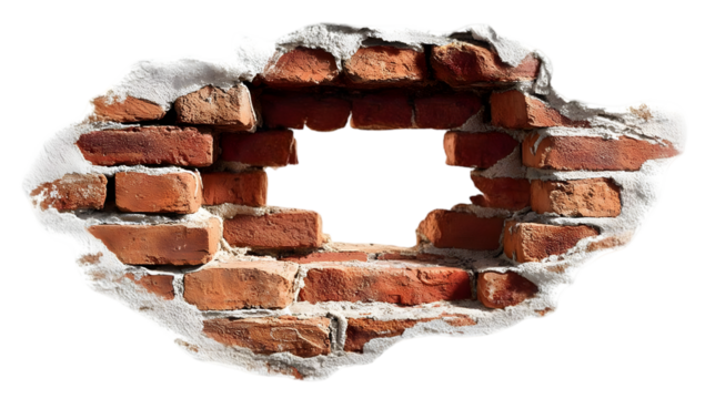 A close-up of a brick wall with a dramatic hole creating an urban, rustic atmosphere. Perfect for unique backgrounds.