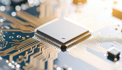 Extreme Macro Shot of a Microchip Circuit with Metallic Details and Warm Light Reflections