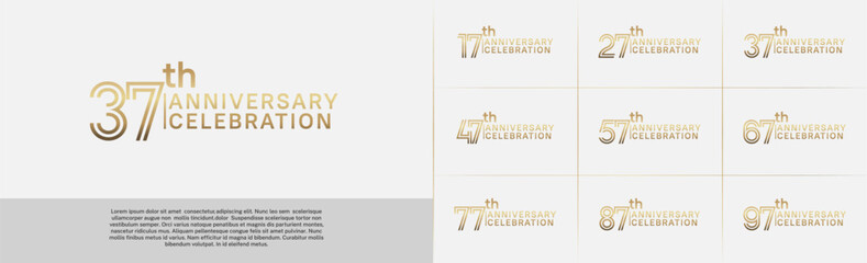 Anniversary logo type set with double line number. golden color for celebration event