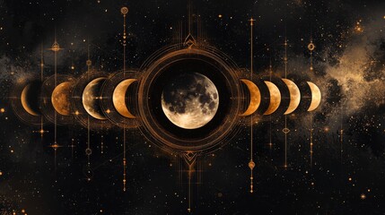 100.A mystical vector design featuring the progression of lunar phases, with a glowing eclipse at the center. The dark cosmic background is speckled with stars, and surrounding symbols of astrology