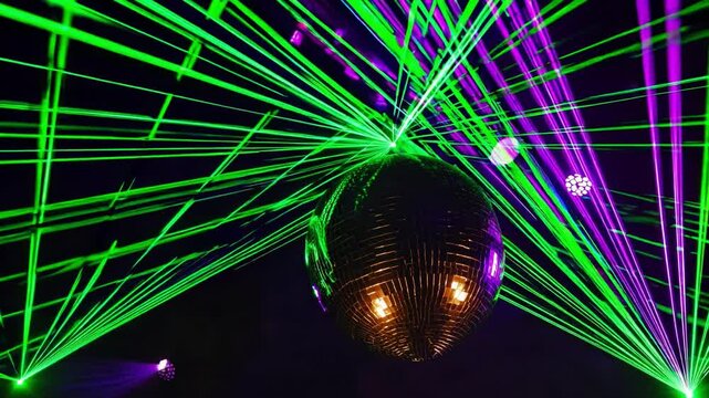 Vibrant laser show with mirror ball illuminates dynamic nightclub scene