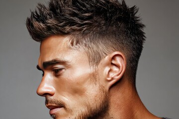 Obraz premium Close-up profile view of a man's face and hair.