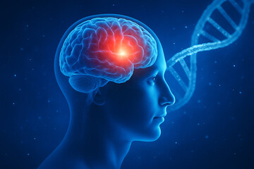 Obraz premium AI generated illustration of a futuristic blue human head showing a glowing brain with highlighted frontal lobe and transparent DNA strand in background representing intelligence and genetic potential