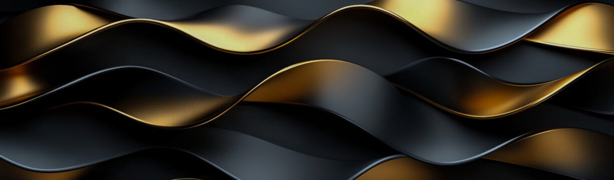 A luxurious seamless pattern made of gold and black ribbons with a 3D rendered effect on a dark gray textured background, perfect for elegant designs and sophisticated branding.