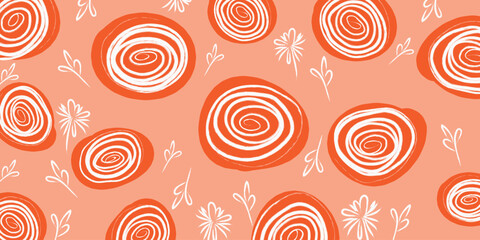 Vibrant hand drawn flowers in a seamless pattern, featuring playful spirals and delicate blooms on a warm orange background. Ideal for fabric, textiles, clothing, wrapping paper, covers