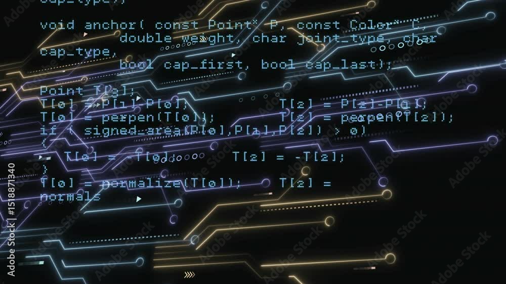 Poster animated circuit backdrop opening and scrolling c++ code revealing http requests, response logic