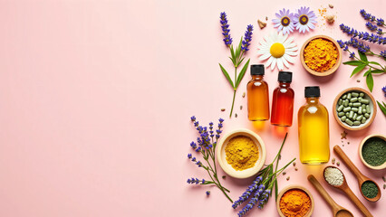 Herbal Supplements, Colorful Capsules, Essential Oils, Healing Flowers, and Natural Powders Like Turmeric and Spirulina Arranged with Fresh Botanicals on a Clean Pastel Background