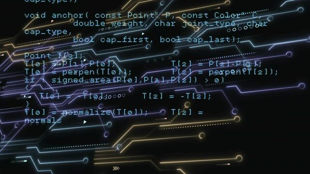 Animated circuit backdrop opening and scrolling C++ code revealing HTTP requests, response logic