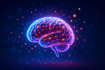 AI generated glowing 3D brain with neural energy beams and floating data particles on deep blue background symbolizing intelligence creativity and digital processing power