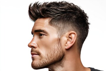 Obraz premium Close-up profile view of a man's face and stylish haircut.