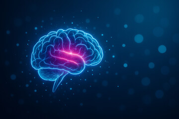 Fototapeta premium AI generated glowing brain with neon magenta core and blue outline floating on dark gradient background with digital particles and bokeh effect