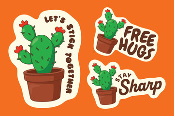 Cartoon cactus sticker set with funny pun quotes