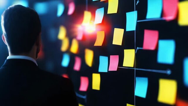 A man in a suit stands before a wall covered in colorful sticky notes arranged in a flowchart, illuminated by bright lights.