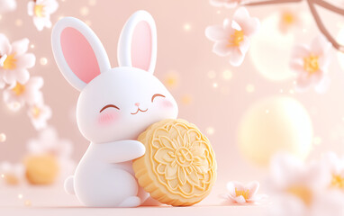 Cute Cartoon Rabbit Holding Mooncake with Cherry Blossoms for Mid-Autumn Festival